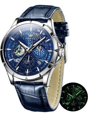 Men's Blue Strap Blue Dial Starry Sky Moon Phase Dial Luxury Analog Wristwatch